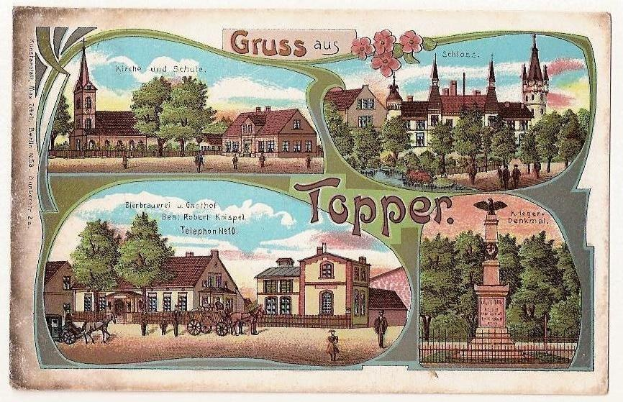 Alte Ansichtskarte mit einer deutschen Stadt, die Gebäude, Bäume, Menschen, Karren, eine Statue, einen Zaun und einen bewölkten Himmel zeigt, mit handgeschriebener Text auf der Vorderseite.