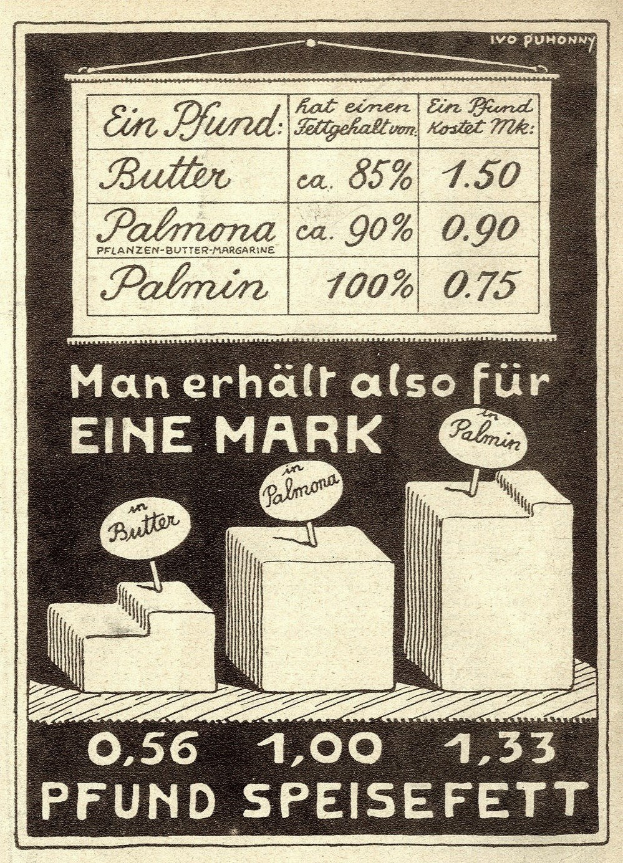 Schwarze und weiße Werbeplakat mit einer Zeichnung einer Butterdose und Text und Zahlen, wahrscheinlich zur Bewerbung von Ladeneinkäufen.