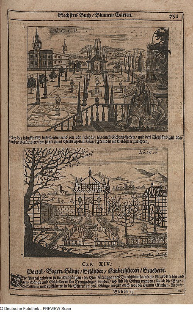 Offenes Buch mit einer detaillierten Zeichnung einer Stadtlandschaft auf seinen Seiten, begleitet von Bildern und Text.