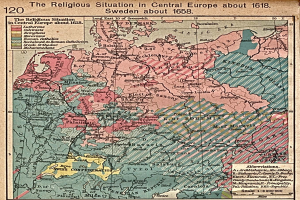Eine historische Karte von Mitteleuropa aus dem Jahr 1618, die die religiöse Landschaft der Region detailliert darstellt.
