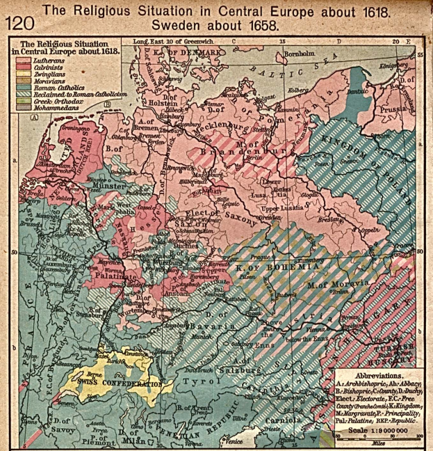 Eine historische Karte von Mitteleuropa aus dem Jahr 1618, die die religiöse Landschaft der Region detailliert darstellt.