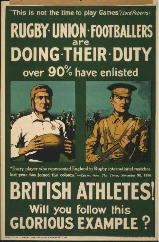 Plakat mit zwei Rugbyspielern in Militäruniform mit Text über britische Athleten, die während des Krieges eingezogen sind.