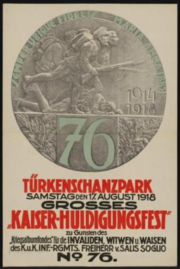 Plakat zum 70-j├Ąhrigen Jubil├Ąum des Kaiser-Huldigungsfestes in Berlin, Deutschland, mit einer Gruppe von Menschen in der Mitte, eingerahmt von Text und Zahlen.