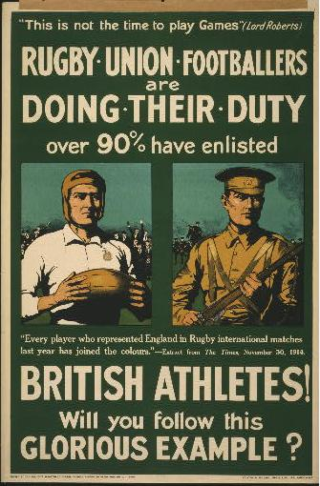 Ein Vintage-Plakat zeigt zwei Rugbynationalspieler, die ihre Dienstpflicht erfüllen, und gibt an, dass über 90 % der britischen Athleten eingezogen sind.