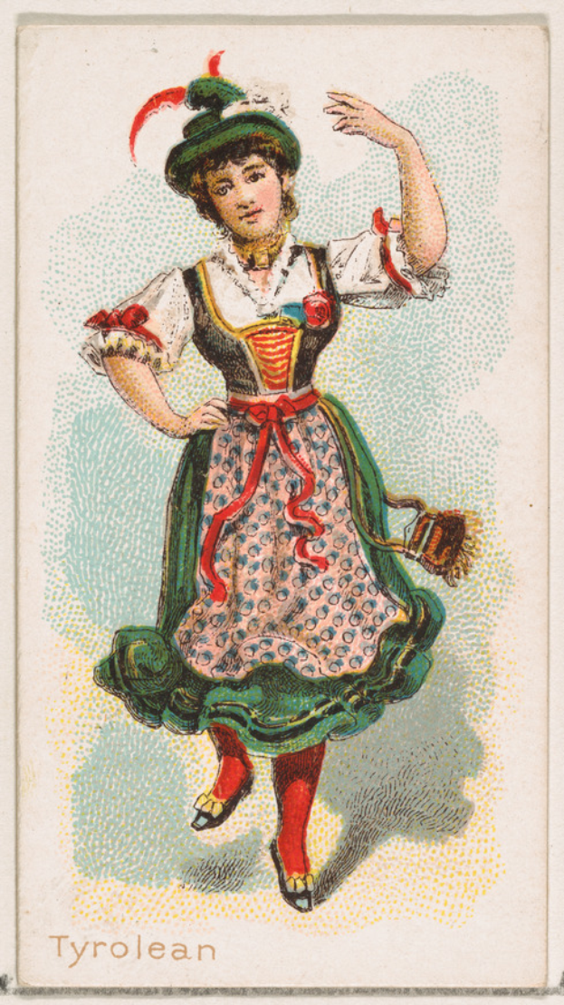 Eine Frau in einem hellblauen traditionellen deutschen Kleid mit weißem Kragen und Schürze, weißen Schuhen und einem Dutt tanzt fröhlich mit ausgestreckten Armen vor einem hellgelben Hintergrund.