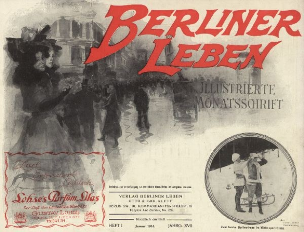 Umschlag eines alten Buches mit dem Titel 'Berliner Leben' mit einem Foto von Menschen in traditioneller deutscher Tracht, wahrscheinlich das Leben in Berlin darstellend.