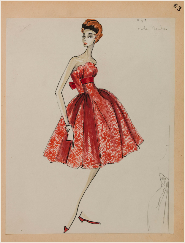 Eine Frau in einem 1950er roten Kleid von Jola Moules mit einer eng anliegenden Taille und einem langen, knielangen Rock, mit einem selbstbewussten Gesichtsausdruck, klassischem Hairstyle und natürlichem Make-up.