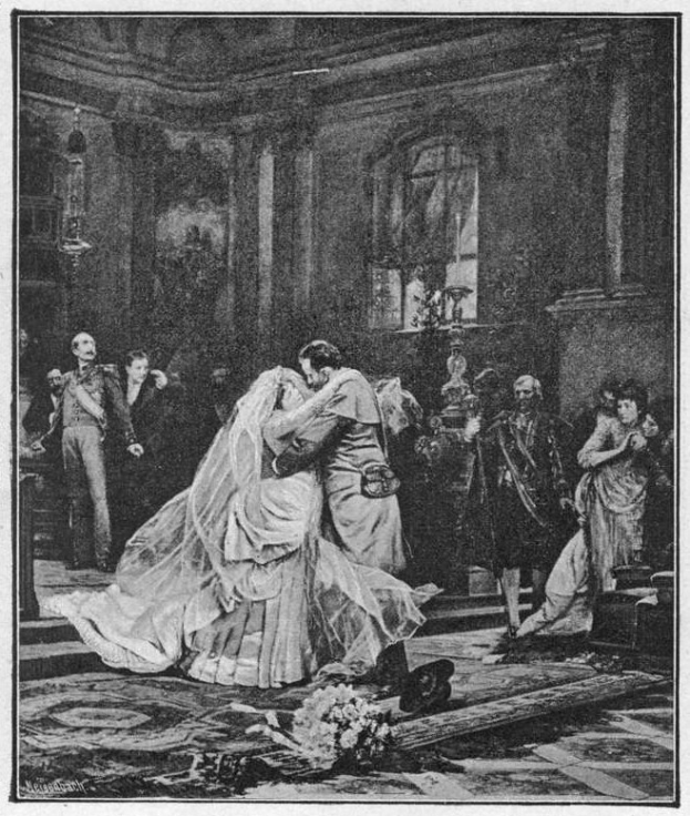 Schwarz-weißes Foto einer Braut und eines Bräutigams, die sich vor einer Menge küssen, mit einem Blumenstrauß auf dem Boden und einer Fensterwand im Hintergrund.