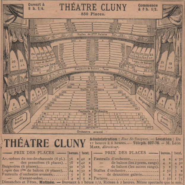 Eine alte Zeitungsanzeige für das Theatre Cluny in Paris, die eine detaillierte Illustration des Auditoriumsitzplans zeigt.
