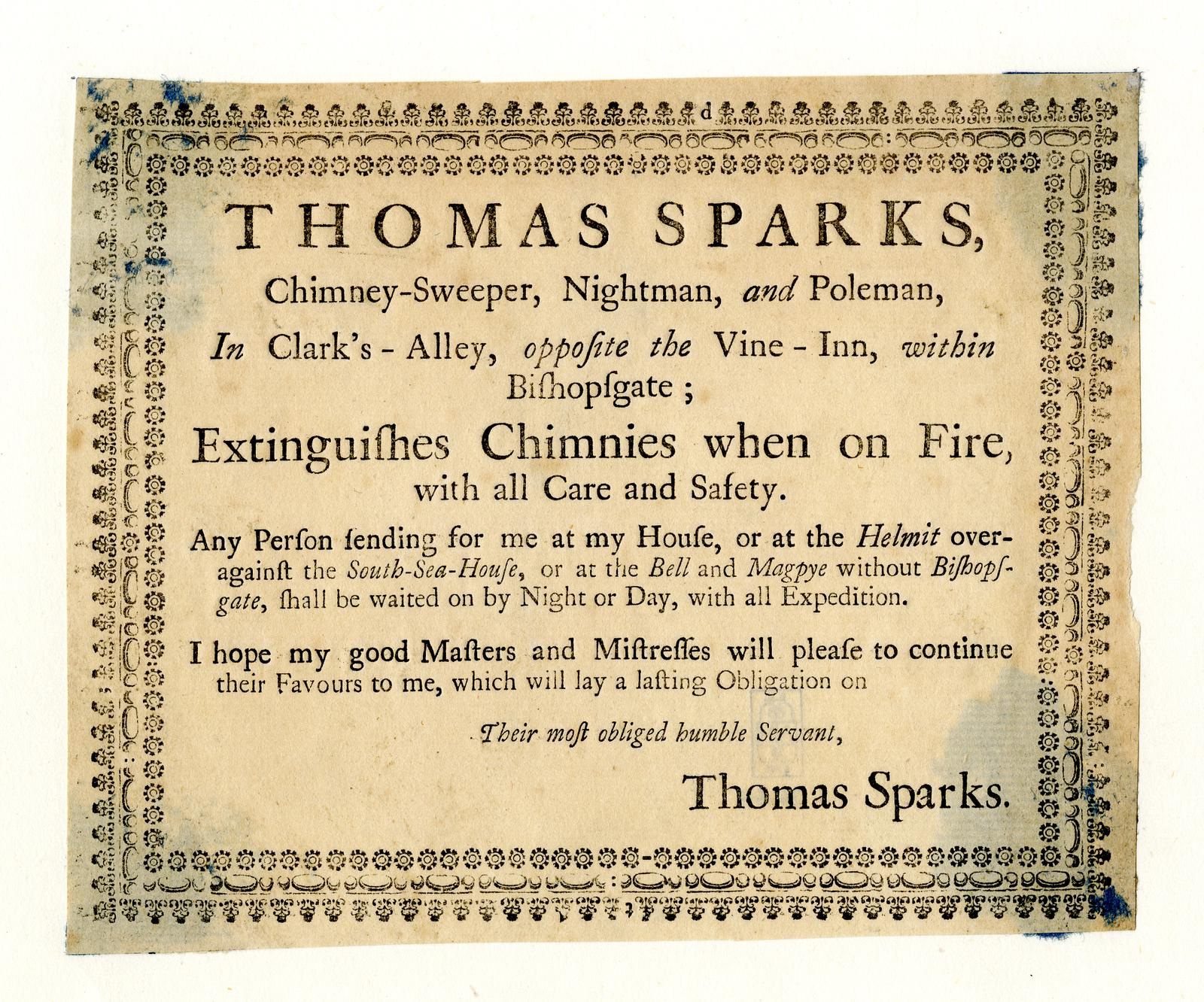 Ein Blatt mit Textwerbung für die Schornsteinfegerdienste von Thomas Sparks, einschließlich das Löschen von brennenden Schornsteinen, mit seinen Kontaktdaten.