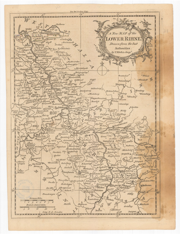 Alte Landkarte der Niederrhein-Region mit klassischem Schriftzug, die Flüsse, Berge und Städte zeigt.