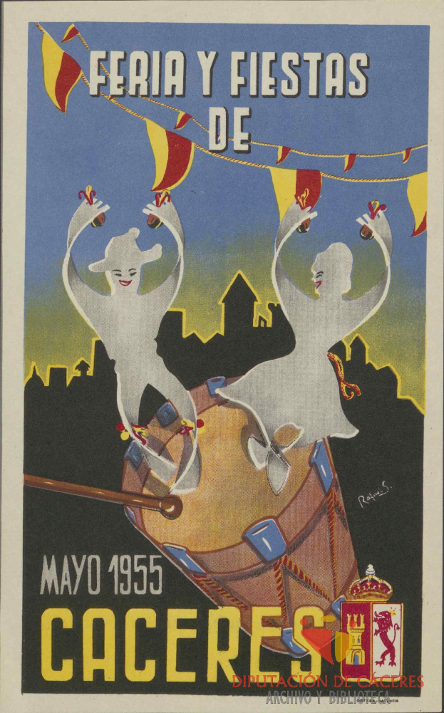 Ein buntes Plakat bewirbt das Feria y Fiestas de Caceres Faschingsfest in Caceres, Spanien, mit Menschen in traditioneller Kleidung, einem hellgelben Hintergrund und Veranstaltungseinzelheiten.