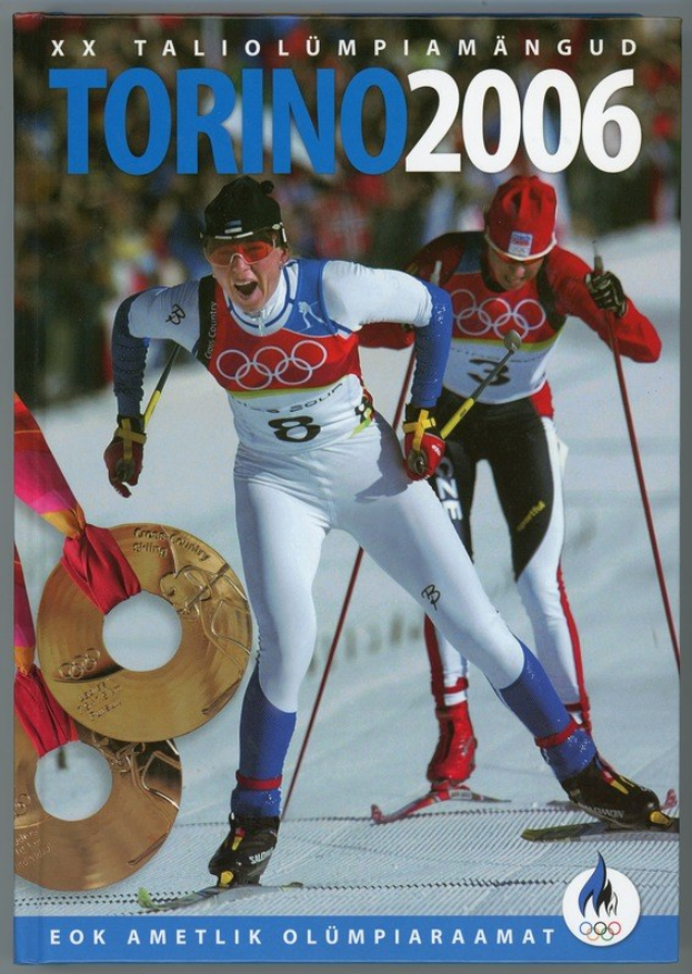 Plakat für die Olympischen Winterspiele 2006 in Turin, Italien, das zwei Skifahrer auf dem Schnee mit Ski-St├Âcken und dem Text "Torino 2006" über ihnen zeigt.