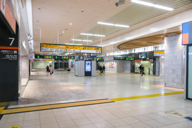 Leerer Bahnhof mit Menschen, Text- und Zahlentafeln an den Wänden, Deckenleuchten und Stützpfeiler.
