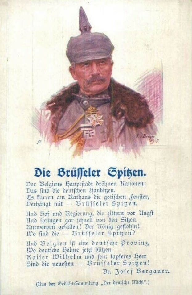 Alte Postkarte mit Dr. Joef Bergauer, einem deutschen General des Ersten Weltkriegs in Uniform mit strenger Miene, begleitet von beschreibendem Text.