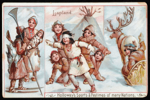 Schwarzes Hintergrundbild von Kindern, die im Schnee mit einem Rentier spielen, mit dem Text "Holloway's Sports & Pastimes of Many Nations" unten.