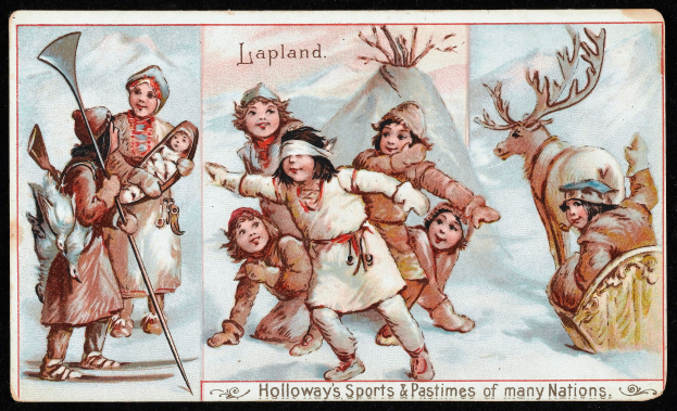 Schwarzes Hintergrundbild von Kindern, die im Schnee mit einem Rentier spielen, mit dem Text "Holloway's Sports & Pastimes of Many Nations" unten.