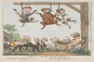 Ein Blatt Papier mit einer Zeichnung von Menschen und Tieren, einschließlich eines Hundes, das an einem hölzernen Pfahl hängt, und handgeschriebener Text, der wahrscheinlich eine Hundesteuer beschreibt.