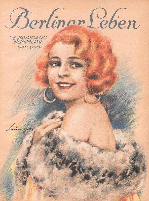 Frau mit roter Haarpracht in einem Pelzmantel auf dem Cover von Berliner Leben Magazin im 1950er-Look mit fetter schwarzer Schrift, die 'Berliner Lebens.' lautet