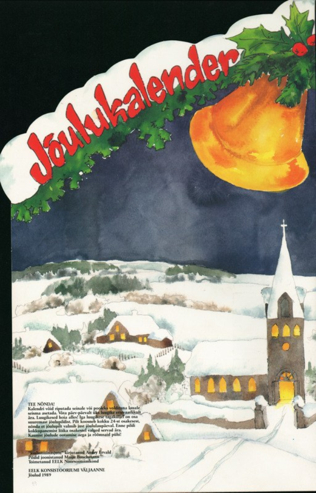Weihnachtskartenplakat mit verschneitem Dorf, Kirche, Glocke an einem geschmückten Zweig und dem Text "Joulukalender".