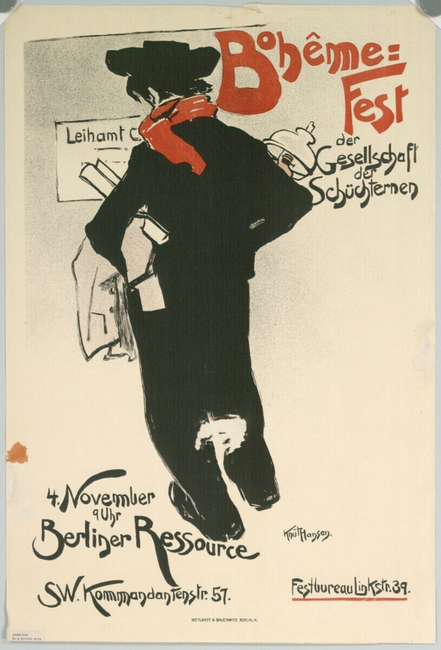 Plakat für ein Bohemisches Festival in Berlin mit einer Person in einem langen Kleid und Hut, die in hohem Gras unter einem blauen Himmel steht, mit fetter weißer Schrift, die "Bohemisches Festival" liest.