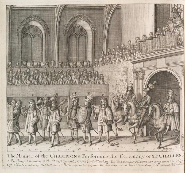 Eine Zeichnung einer Gruppe von Menschen, einige zu Pferde, vor einer Menge und einem Gebäude, mit dem Text "Die Art und Weise, wie die Champions die Herausforderung durchführen" unten.