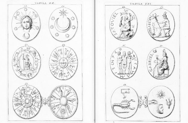 Eine Buchseite mit einem kreisförmigen Arrangement von Sternzeichen, Sonne, Mond und Sternen in der Mitte, umgeben von geschwungener Schrift und einem dekorativen Rand auf einem weißen Hintergrund.
