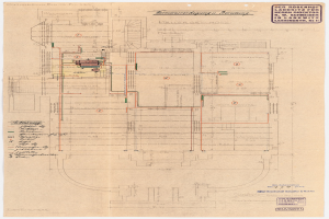 Schwarze und weiße architecturale Zeichnung des Rosenhof-Krankenhauses in Hamburg, Deutschland, die detaillierte Layout mit zahlreichen Drähten zeigt, die auf elektrische oder strukturelle Pläne hinweisen, begleitet von handgeschriebenen Textanmerkungen.