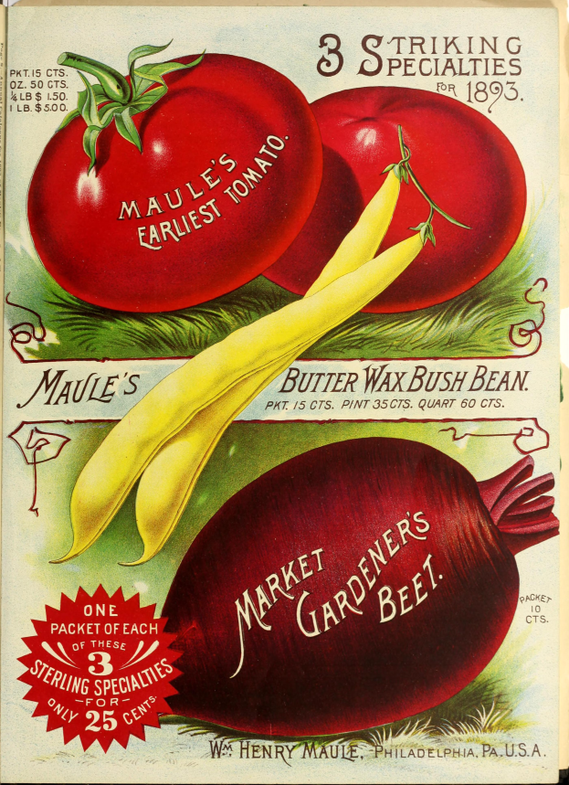Ein Vintage-Plakat mit einer Vielzahl von farbenfrohen Gemüsen, darunter Tomaten und Rote Bete, die in einem ansprechenden Muster mit überlappenden Elementen angeordnet sind und der Text "Market Gardener's Beet" in einer fetten Schrift oben.