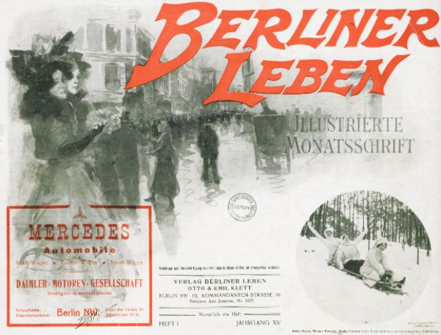 Eine Werbung für einen Mercedes-Benz-Wagen in Berlin, Deutschland, mit einer Gruppe von Menschen, Bäumen, Gebäuden, Text und einem Stempel.