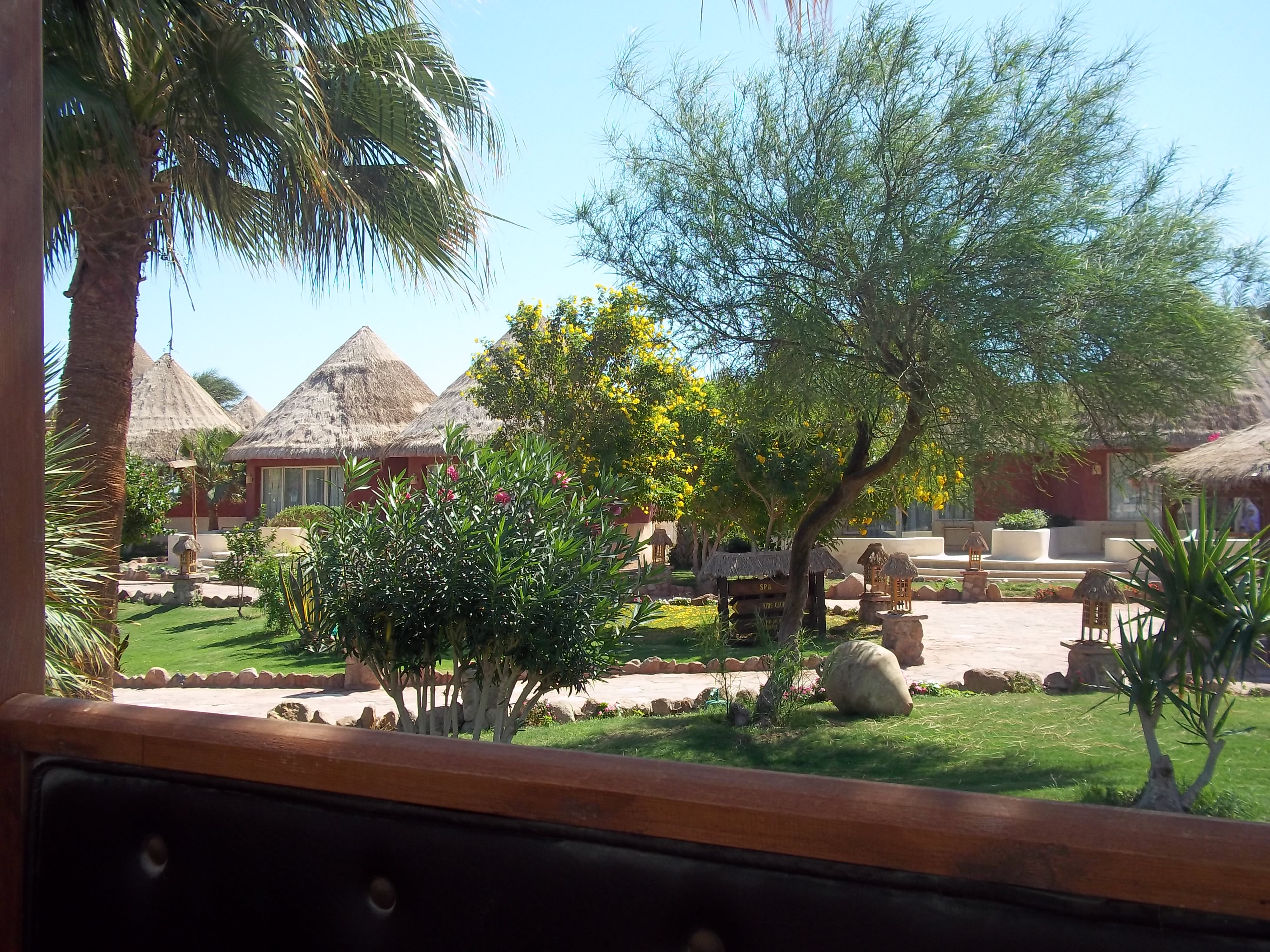 Eine Resort-Szene mit Hütten, Bäumen, Pflanzen, Blumen, Gras, Felsen und einer Bank im Vordergrund, mit dem Himmel im Hintergrund.