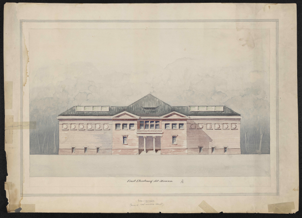 Eine Zeichnung eines großen Gebäudes mit zahlreichen Fenstern vor einem schwarzen Hintergrund, mit dem Text "Erste Bildung des Amerikaners" unten.