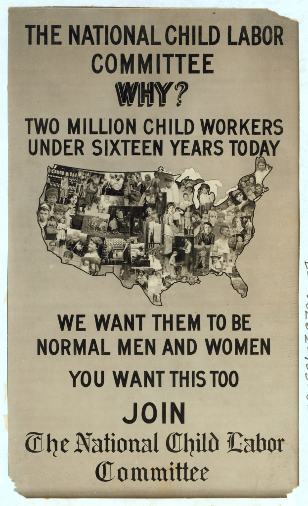 Plakat mit der Aufschrift "Das Nationale Komitee zur Bekämpfung der Kinderarbeit: Warum? Zweieinhalb Millionen Kinderarbeiter unter sechzehn Jahren heute" mit einer Karte der USA und mehreren illustrierten Gesichtern, die die Komiteemitglieder darstellen.