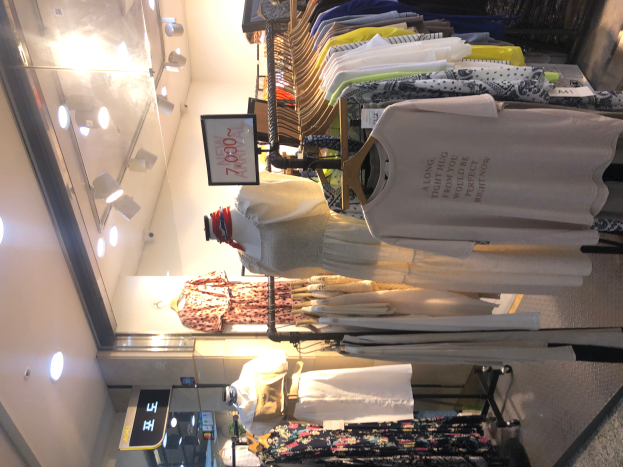 Ein Schaufenster einer Modeboutique in New York City mit Schaufensterpuppen, Kleiderbügeln, Texttafeln und Deckenleuchten.