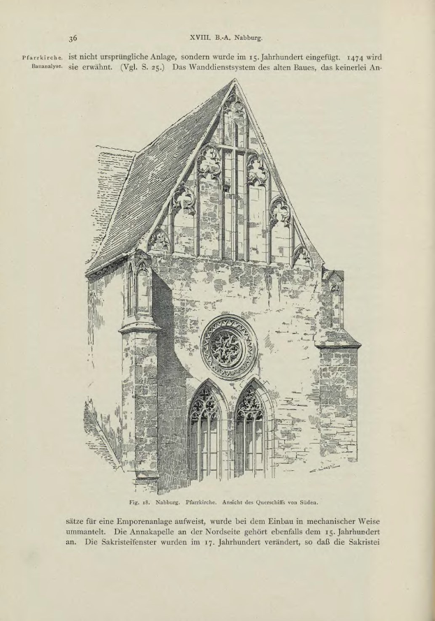 Ein detailliertes Bild einer Kirche mit sichtbaren Fenstern, Bögen und Dach ist auf dem Cover eines alten Buches abgedruckt, begleitet von Text.