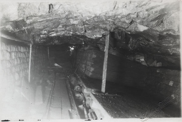 Ein Schwarz-Weiß-Foto eines Tunnels mit Pfählen und einer Wand auf der linken Seite, mit Text unten.