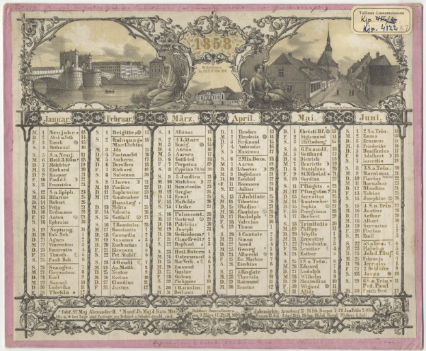 Ein altes Buch mit einem Kalender auf dem Cover, das ein Schloss im Hintergrund zeigt und mit Text und Bildern von Gebäuden verziert ist.