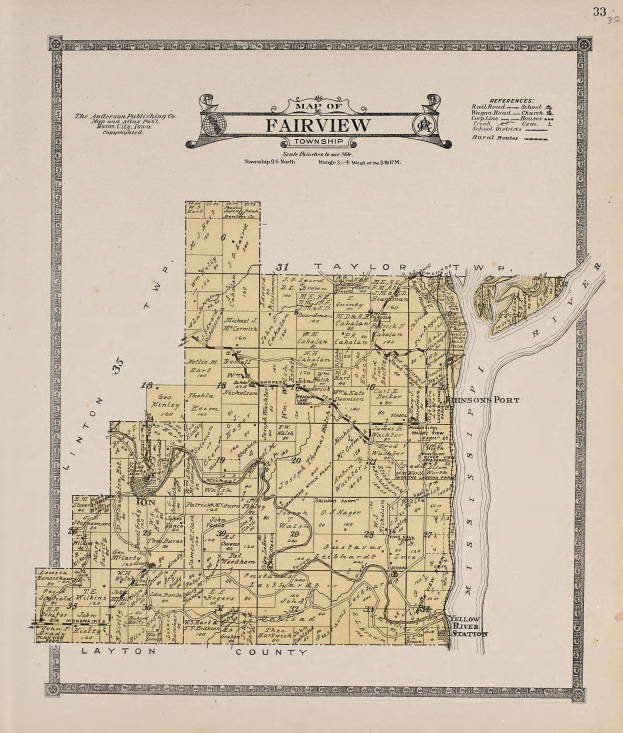Ein altes Stadtplan von Fairview Township, Kansas aus dem Jahr 1876, mit detaillierten Straßen, Parks, Sehenswürdigkeiten und Text, mit einem Baum in der Mitte.