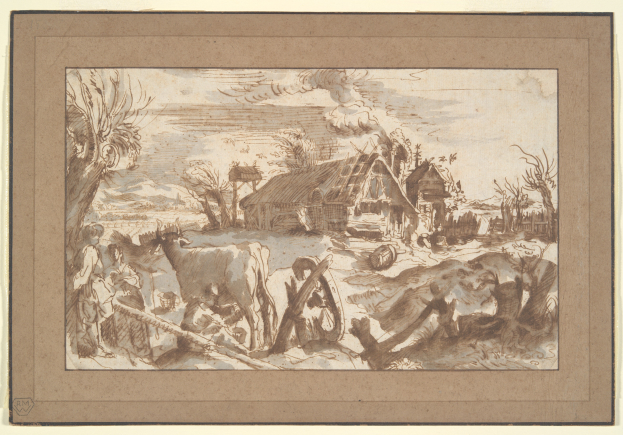 Eine Zeichnung einer Farmszene mit einem Mann und einer Frau im Vordergrund, umgeben von Tieren, einem Wagen, Häusern, Bäumen und einem Himmel im Hintergrund.