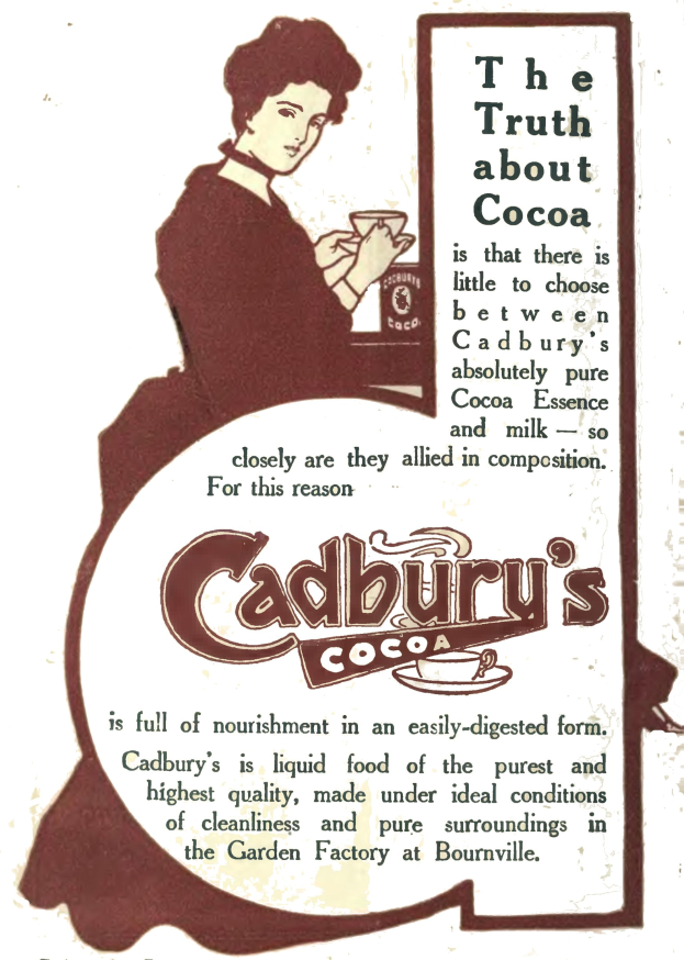 Werbung für Cadbury's Kakao mit einer Frau, die eine Tasse Kakao hält, mit Werbetext auf dem Plakat.