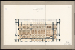 Schwarzes und weißes architektonisches Zeichnung von dem Eingang der Einer Musikakademie in Leipzig, mit mehreren Fenstern und Balkonen auf weißem Papier mit Text, vor einem schwarzen Hintergrund.