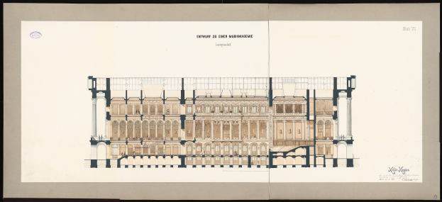 Schwarzes und weißes architektonisches Zeichnung von dem Eingang der Einer Musikakademie in Leipzig, mit mehreren Fenstern und Balkonen auf weißem Papier mit Text, vor einem schwarzen Hintergrund.