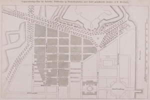 Alte Karte von Amsterdam, Niederlande, mit Plänen für Nybolder, Toldbolder und Frederikkepladen mit handgeschriebenen Textanmerkungen.