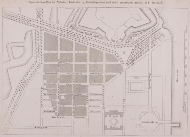 Alte Karte von Amsterdam, Niederlande, mit Plänen für Nybolder, Toldbolder und Frederikkepladen mit handgeschriebenen Textanmerkungen.