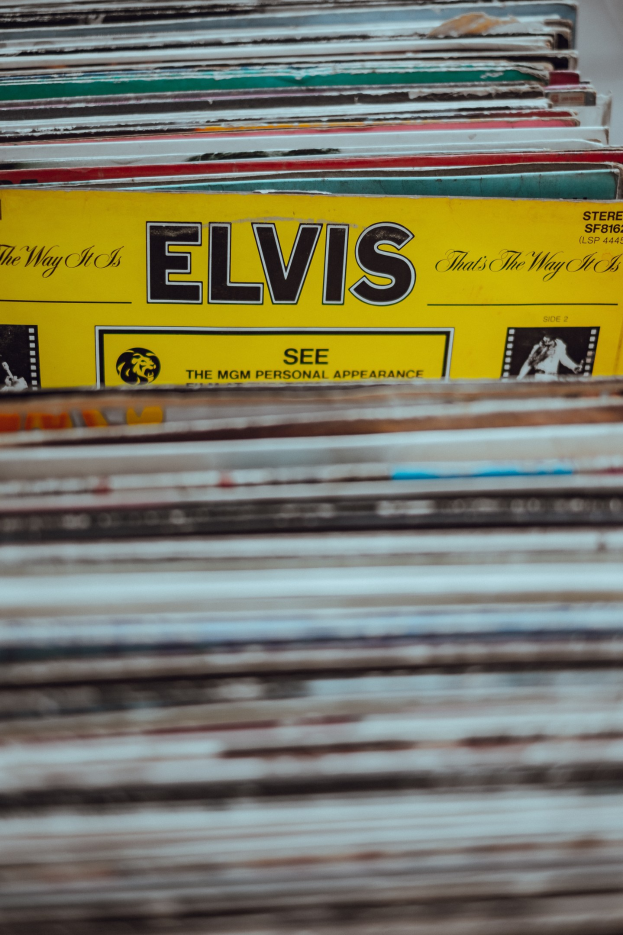 Ein ordentlicher Stapel von Elvis Presley-Schallplatten auf einem Tisch, mit einigen überlappenden Platten und sichtbaren Titeln, vor einem leicht unscharfen Hintergrund.