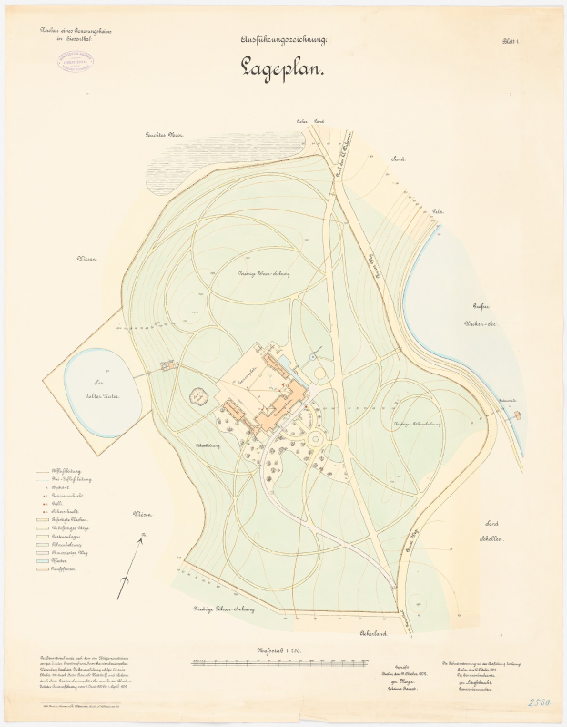 Detailierter alter Lageplan von Lageplan, Deutschland, mit Straßen, Gebäuden und Sehenswürdigkeiten mit Text.