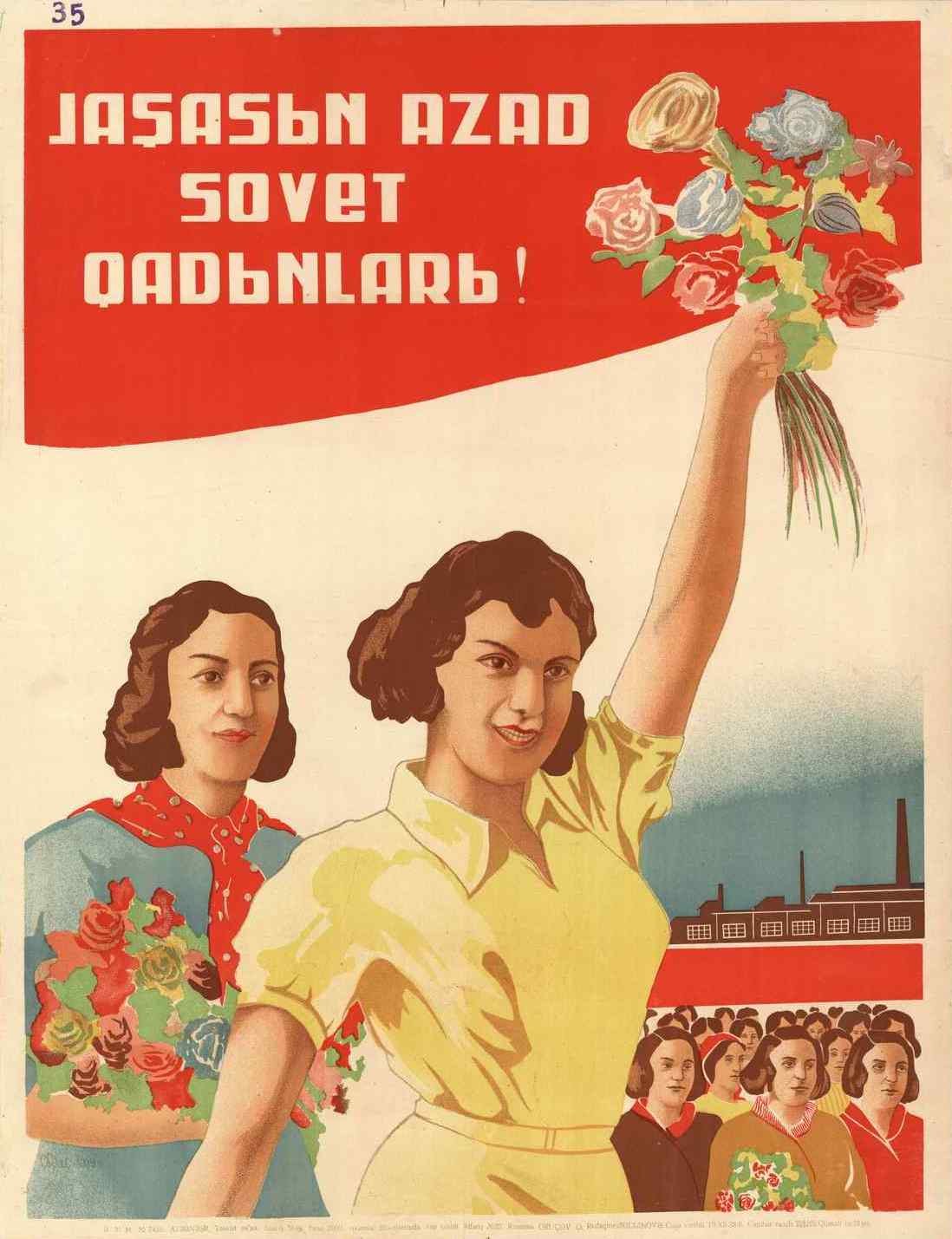 Sowjetisches Propagandaplakat zum Frauentag, das eine Frau mit Blumen zeigt, umgeben von Menschen und einem Gebäude, mit der Aufschrift "Frauentag."