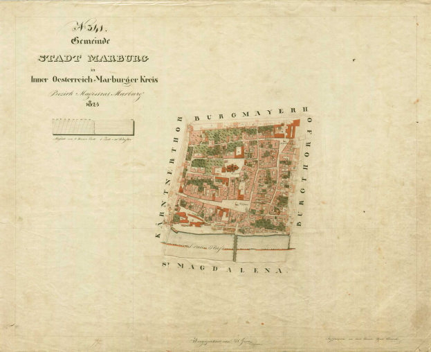 Ein detaillierter alter Stadtplan von Marburg mit Straßen, Gebäuden, Sehenswürdigkeiten und begleitendem Text mit Informationen zur Bevölkerung, Sehenswürdigkeiten und Straßen der Stadt.