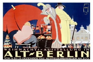 Ein buntes Zirkusposter in Berlin, Deutschland, das eine "Weihnachtsausstellung in Alt-Berlin" mit Illustrationen von Menschen und Gebäuden ankündigt.