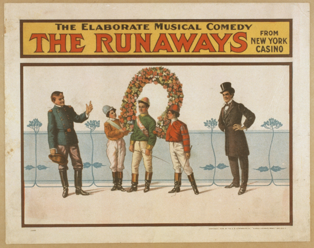 Plakat für die Musical-Comedy "Runaways" aus dem New Yorker Casino, das eine Reihe von Menschen zeigt, von denen einer einen Blumenstrauß hält, und einen Text, der die Show beschreibt.